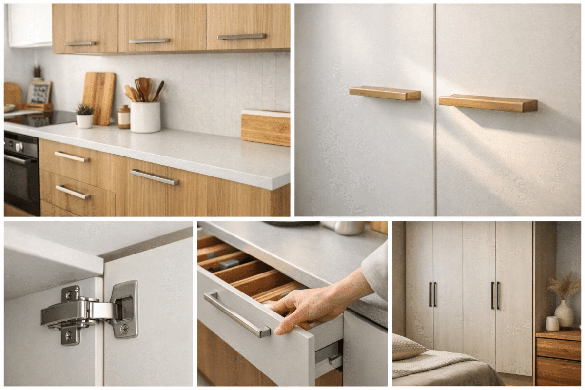 Small Malaysian kitchen with light wood cabinets and simple brushed metal handles