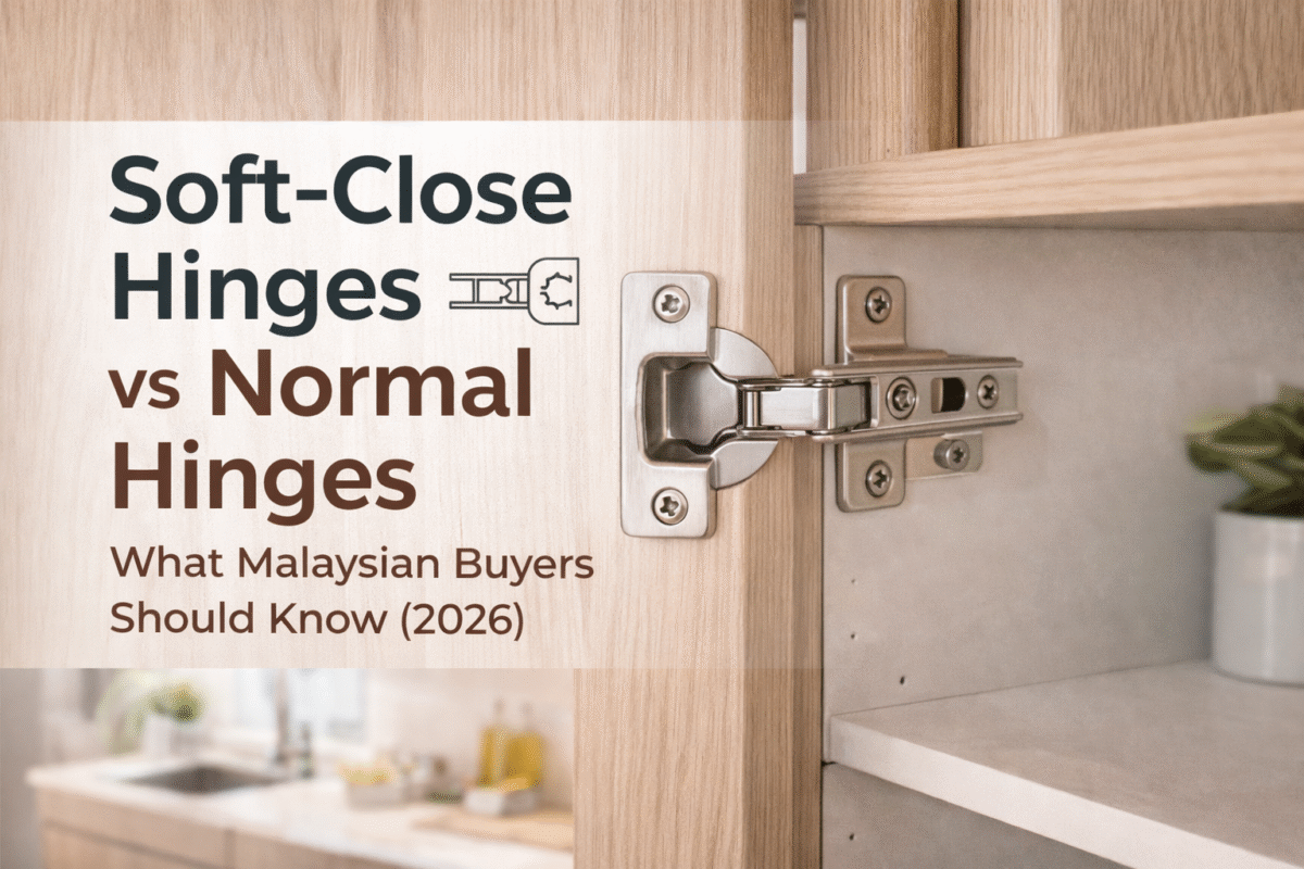 Soft close cabinet hinge Malaysia installed inside modern kitchen cabinet showing concealed hinge mechanism