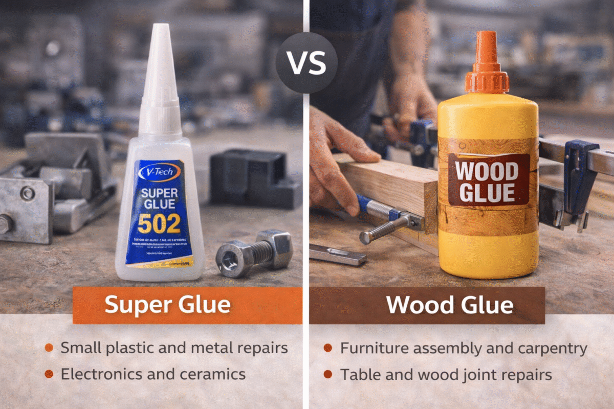 technician applying industrial adhesive to metal and plastic components in a repair workshop