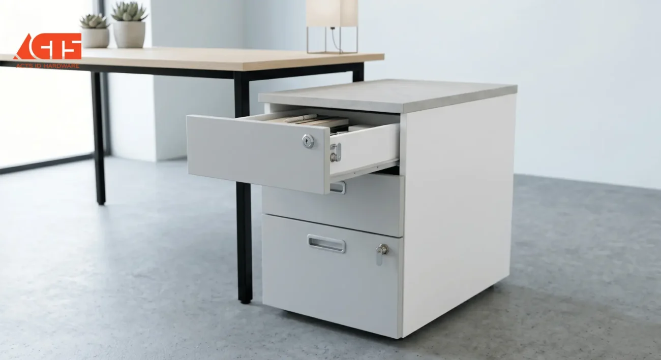 office drawer lock Malaysia — multi-drawer pedestal unit with linking gang lock system