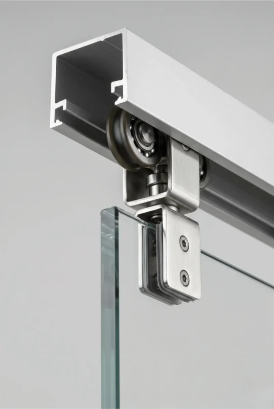 top-hung wardrobe sliding door track system Malaysia — roller and rail detail