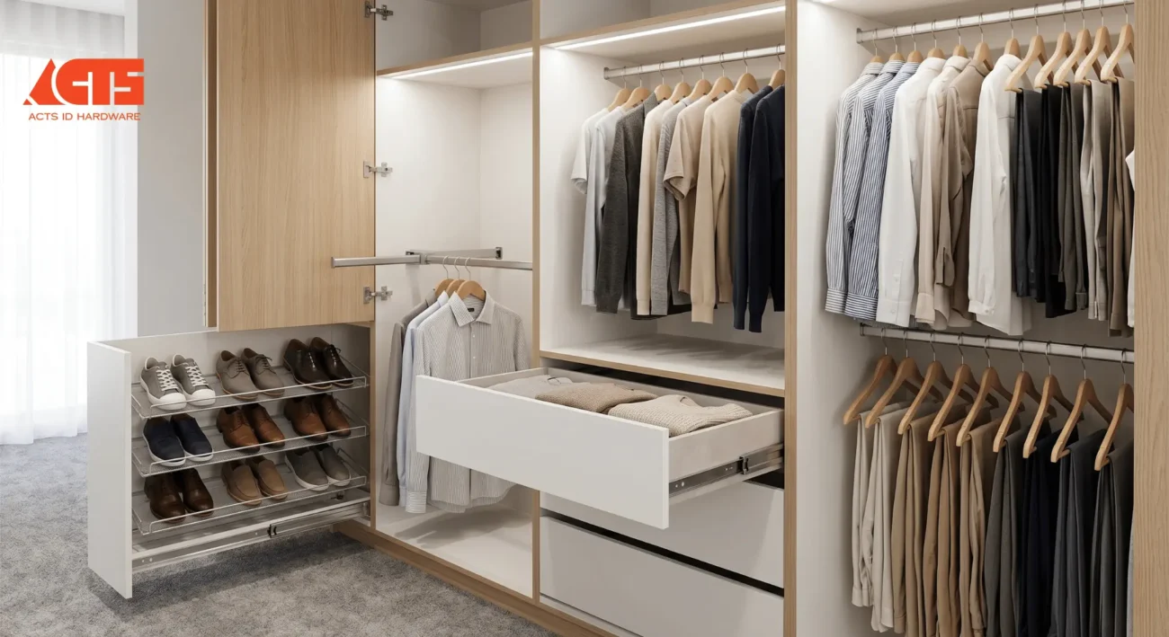 wardrobe internal fittings Malaysia — hanging rail drawer box and shoe rack layout
