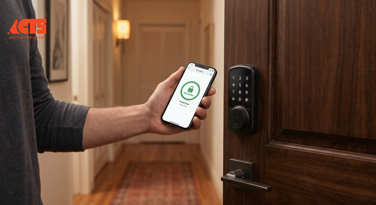 smart lock Malaysia — smartphone app unlocking front door remotely