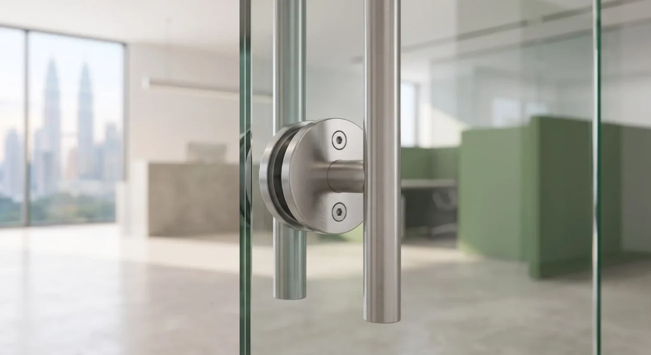 glass door handle Malaysia — stainless D-pull bar handle through-bolt fixed on frameless glass door - Acts-Id Furniture Hardware