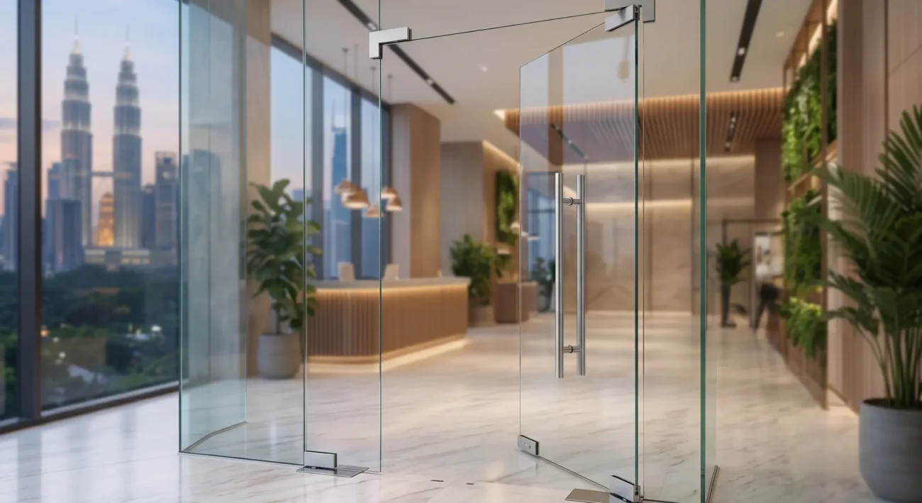 glass door hardware Malaysia — frameless glass office entrance with stainless patch handle and floor spring- Acts-Id Furniture Hardware