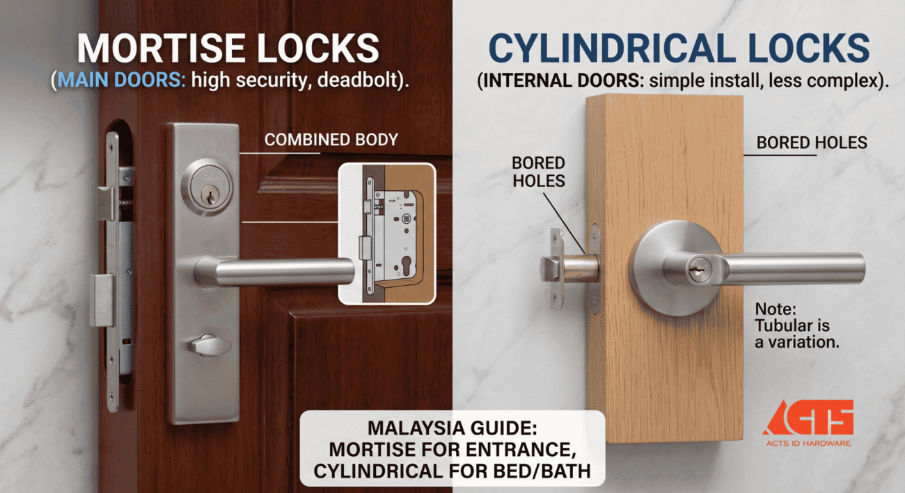 mortise lock set and cylindrical lock set on a neutral surface - Acts-Id Furniture Hardware