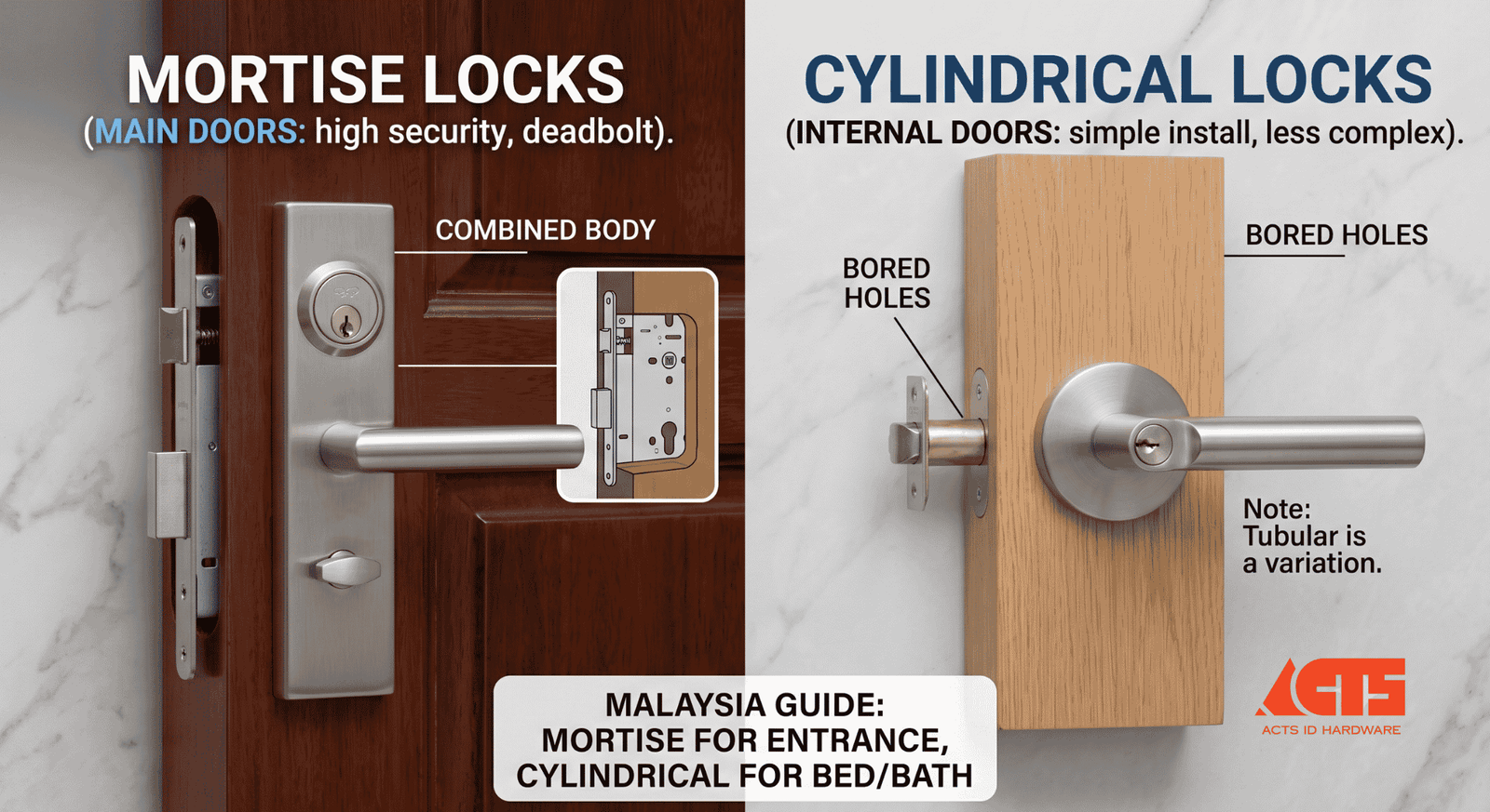 cylindrical lock set types Malaysia — passage privacy and entry lever sets